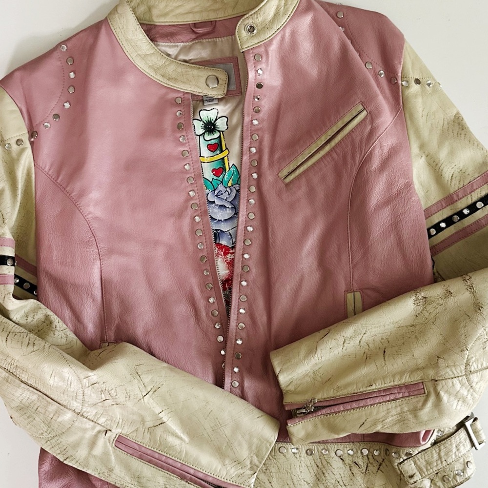 Wilson’s Leather Maxima pink and cream distressed leather jacket, size XL